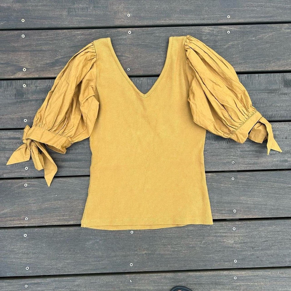 Mustard Yellow Gold Maeve by Anthropologie Ribbed Top w/ Puff Bow Short Sleeves - Picture 4 of 7